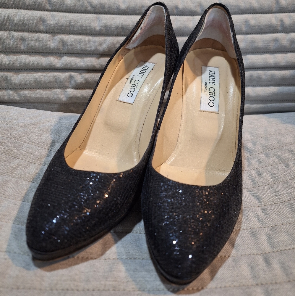 Jimmy Choo Black Leather Sparkle Platform Pumps Heels… Gem